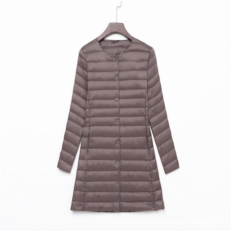 New Down Jacket Women's Light, Medium and Long Fashion and Thin White Duck Down Snap-button Round Neck Warm Liner Jacket