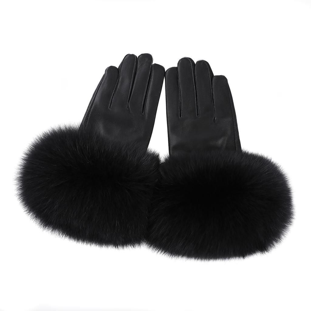 Women Genuine Lambskin Leather Gloves With Real Fox Fur Trim Cuff Winter Warm Driving Gloves-Velvet Lined