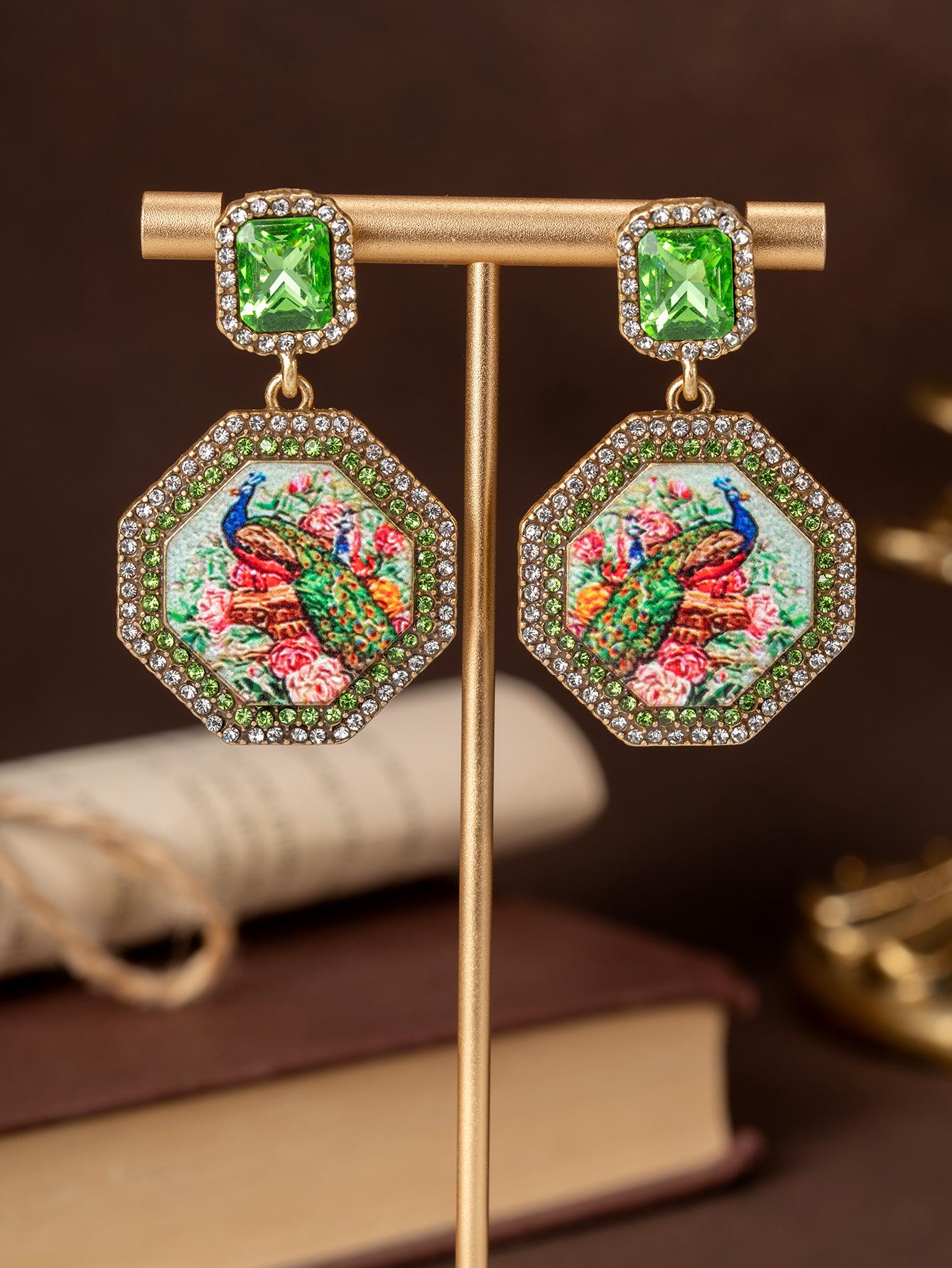 Medieval vintage octagon diamond peacock mural earrings heavy industry temperament light luxury earrings medieval earrings