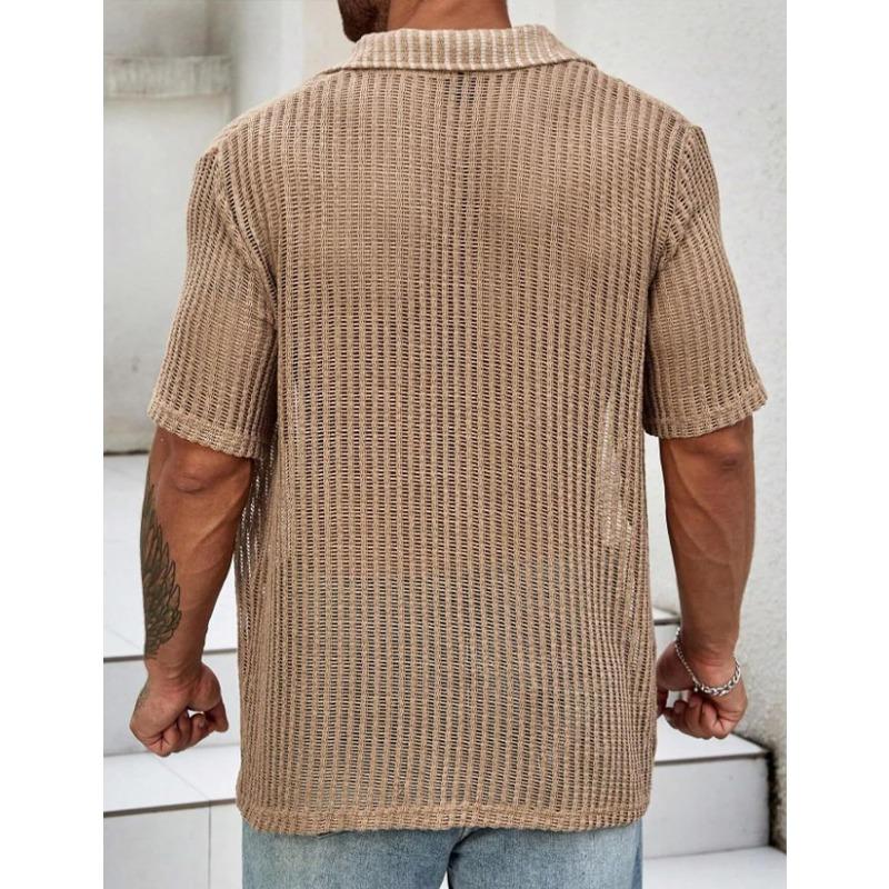 Mens Mesh Knit Short Sleeve Button Down Shirt Openwork Breathable Casual Summer Top