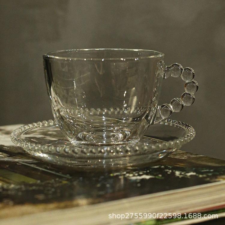 

Medieval Style Transparent Glass Bead Handle Glass Cup Method Coffee Cup Saucer Milk Cup Water Cup Girl Heart Simple 201-300ml