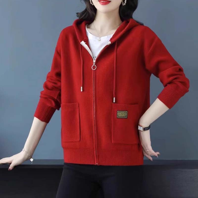 Cárdigan de Punto de Lana con Capucha de Color Sólido Otoño Mujeres Suéter de Manga Larga Holgado Cremallera Prendas de Punto Abrigo