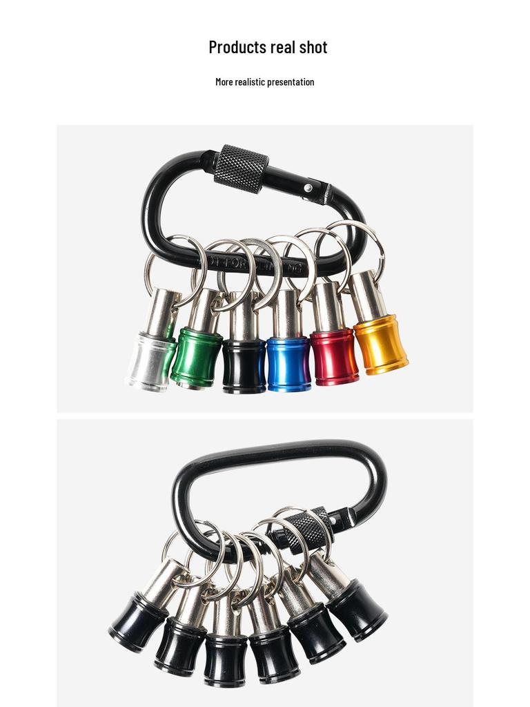 6-teiliges farbenfrohes Schlüsselanhänger-Verlängerungsstangen-Set mit Bergsteiger-Schnalle und 1/4" Sechskant-Bohrer-Aufbewahrung.
