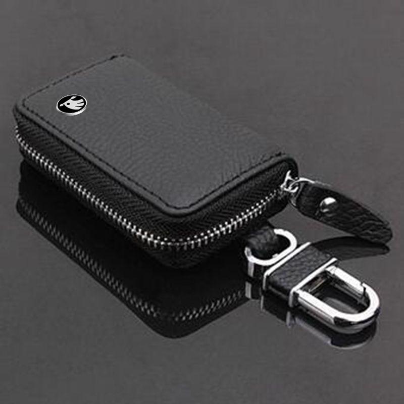 Genuine Leather Key Case Zipper Key Cover Car Accessories Tools for Skoda RS Rapid Yeti Karoq Vision Octavia Kodiaq Kamiq Fabia BI7