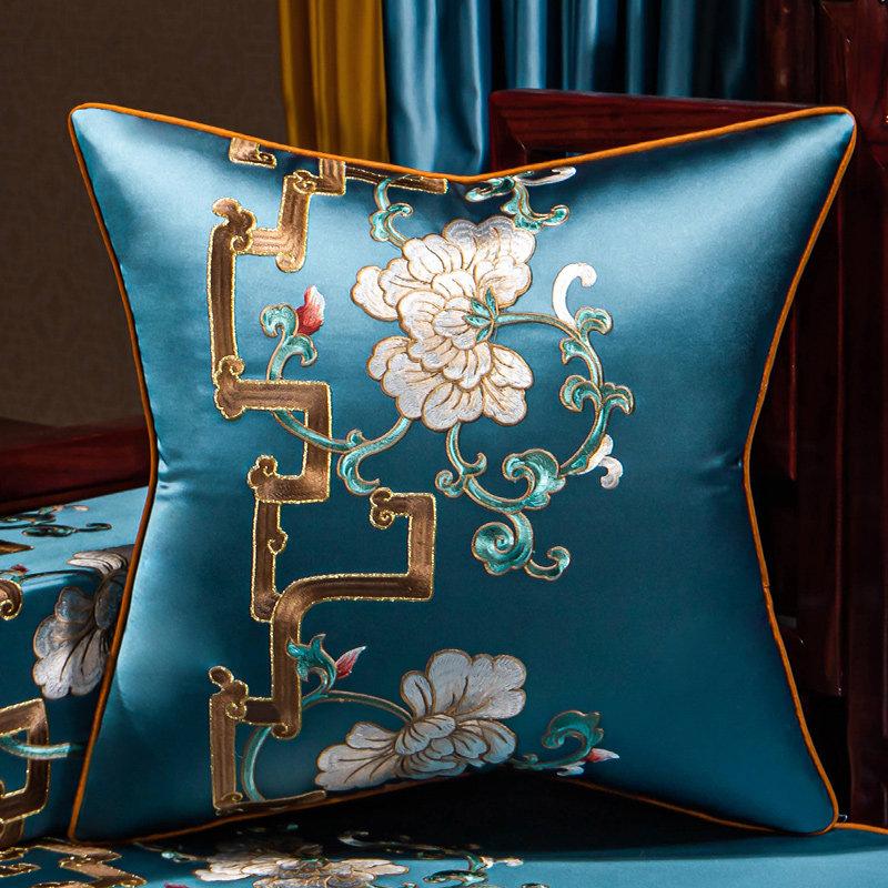 New Chinese-style Throw Pillows with Bird and Flower Embroidery Redwood Sofa Cushion Cover Large Cushion for Living Room Bed