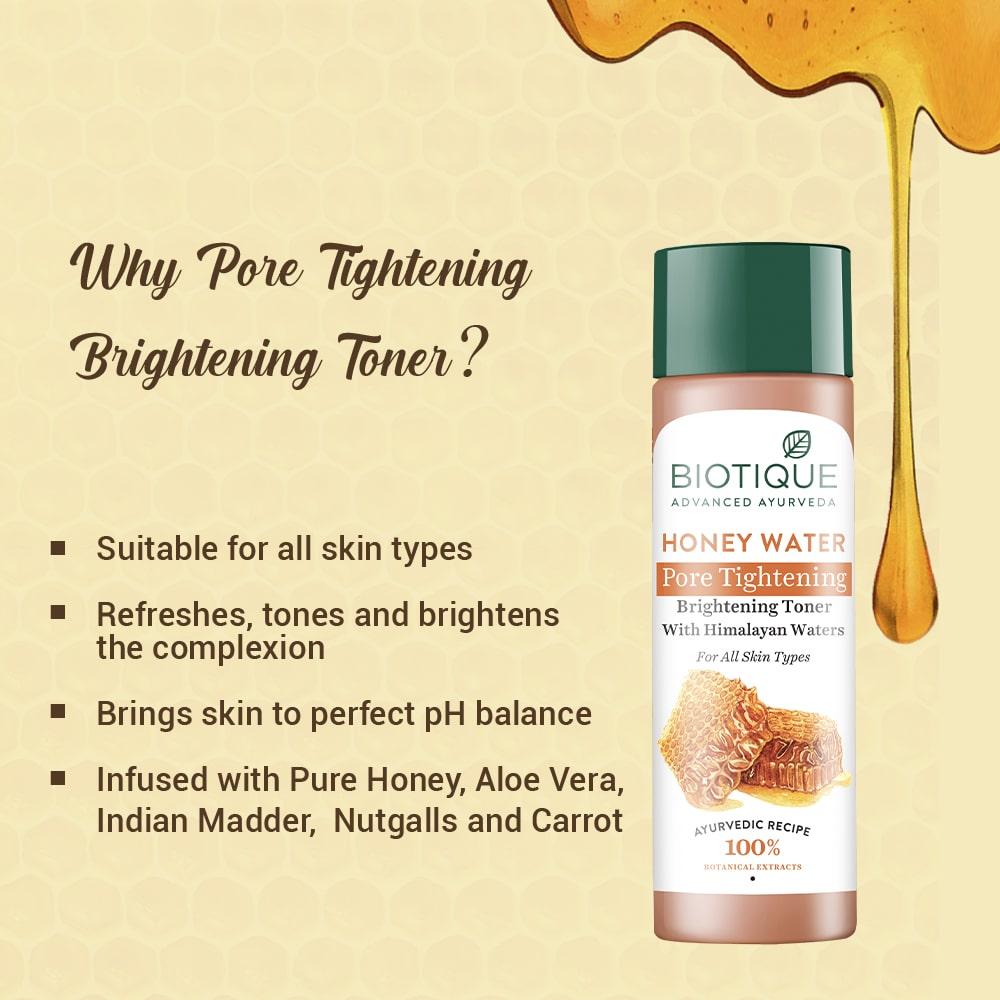 Biotique Honey Water Toner For Pore Tightening & Brightening Skin | 120ml | pH Balance | Hydrating Botanical Extracts