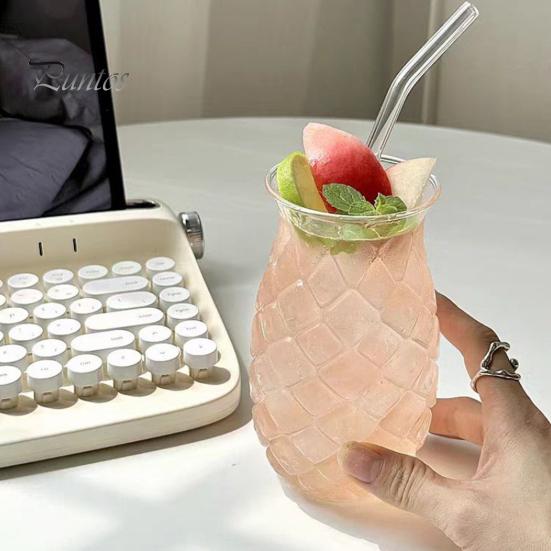 Cold And Hot Drink Glass Pineapple Embossed Cup, 480ml Juicer Tumbler for Drinks, Soda Retro Textured Water Coffee Home Bar, Vintage Gift Women