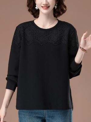 Women's Plus Size Lace Splicing Sweatshirt – Spring/Autumn Loose Fit for Middle-Aged Moms