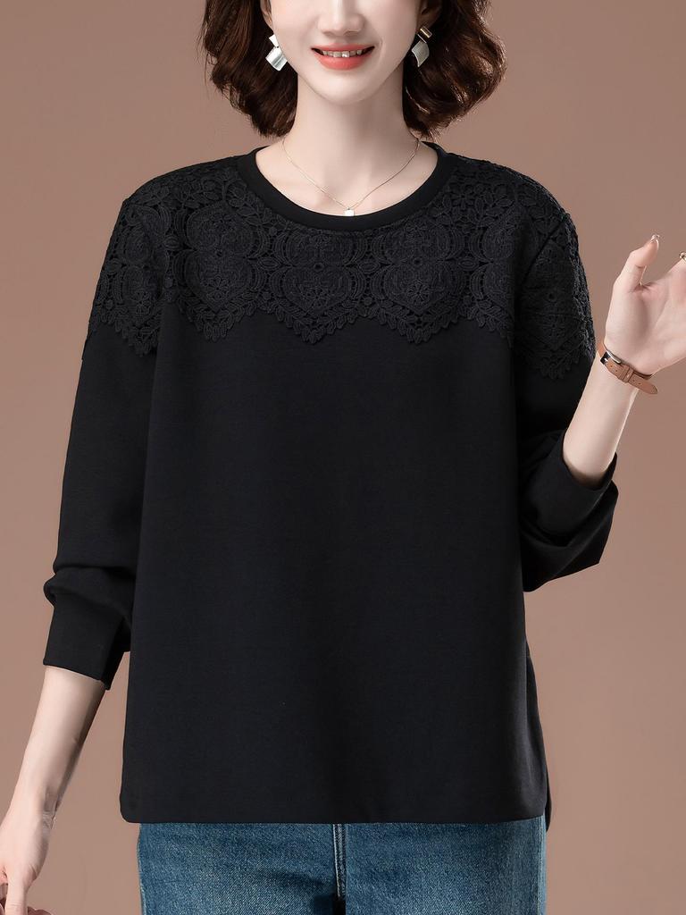 Women's Plus Size Lace Splicing Sweatshirt – Spring/Autumn Loose Fit for Middle-Aged Moms