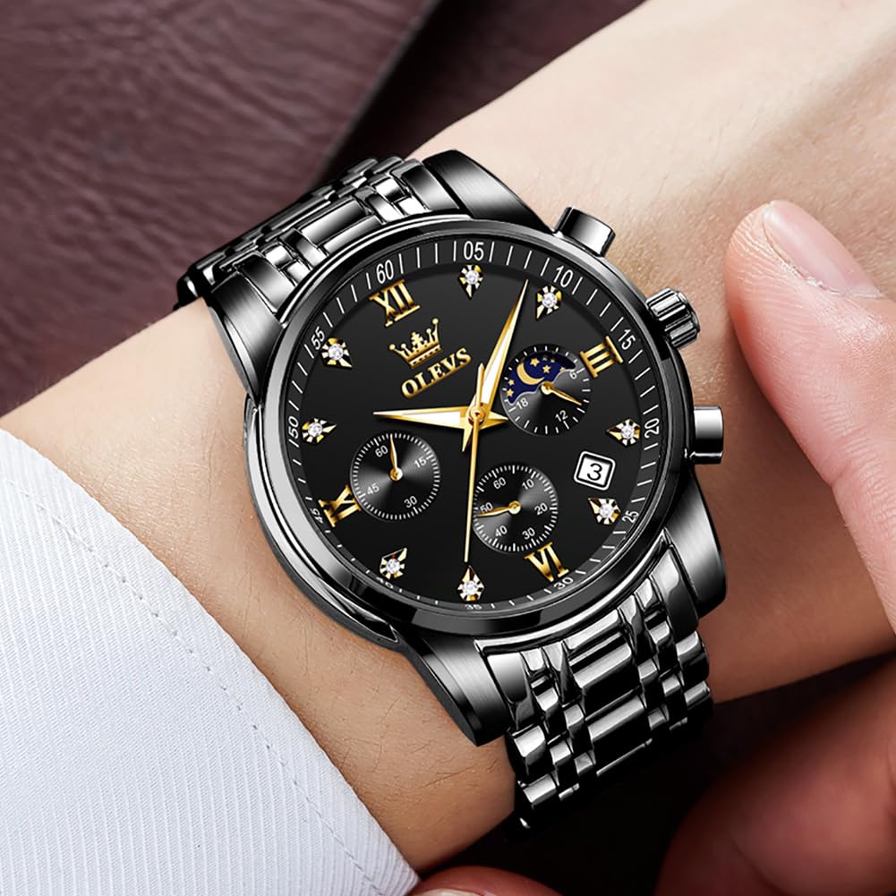 OLEVS Watch with Moon Date Quartz Stainless Simple and Luminous Black Men's Phase, Timer, Display, Movement, Waterproof, Steel, Fashionable, Design,