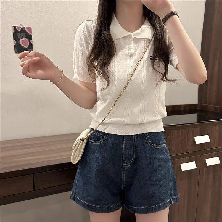 

Шикарный вязаный топ облегающего кроя с воротником поло и вышивкой в виде банта для женщин One Size [Recommended for up to 125 Jin]