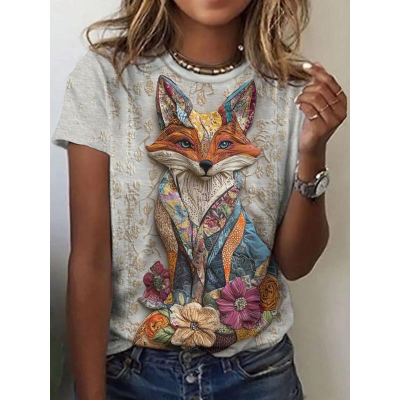 Women's Short-sleeved Round-neck T-shirt with Fox Pattern Print