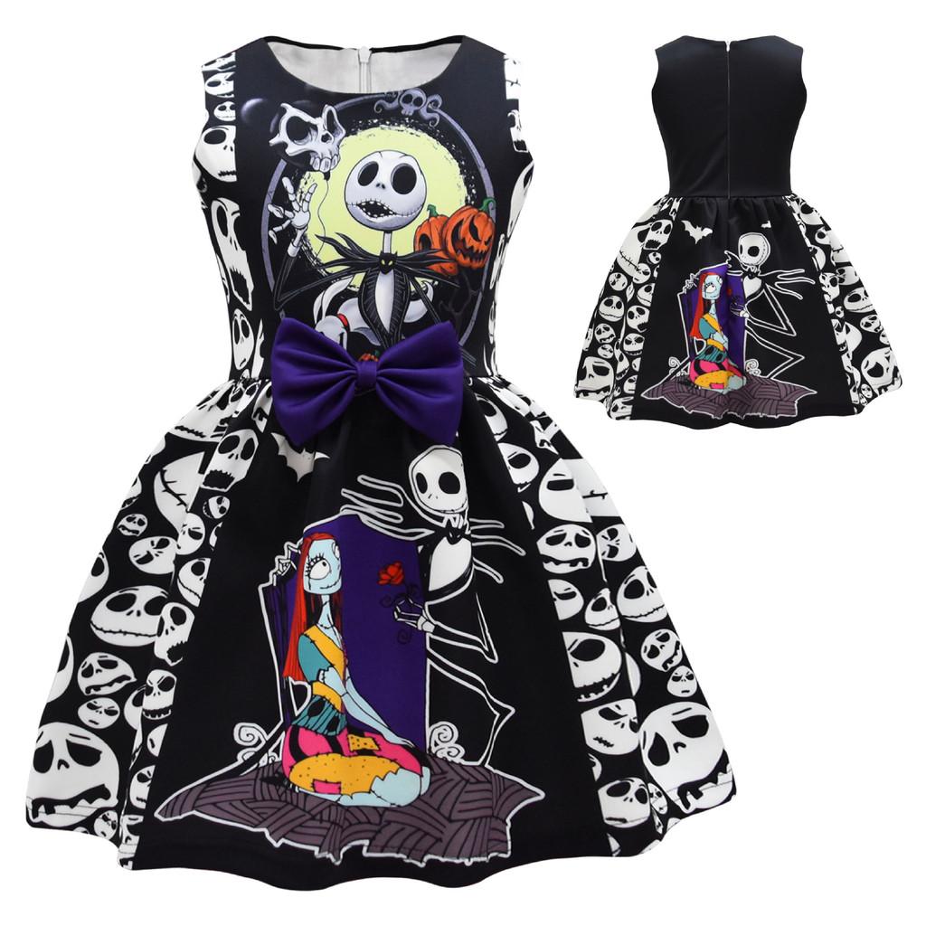 The Nightmare Before Christmas Halloween Girl Dress With Cartoon Pattern And Accessories For Kids