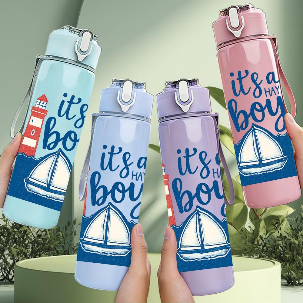 1PC It Is A Boy Lighthouse Sailboat Text 750ml Color Plastic Sports Water Bottle Leakproof Flip Straw Lid Suitable for Sports Office Home Use