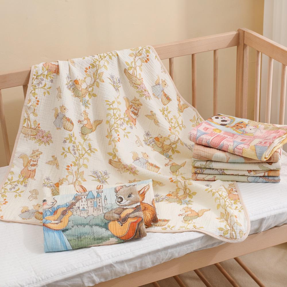 Newborn Cartoon Print Gauze Swaddle Blanket - Two-Layer Infant Wrap, Absorbent Bath Towel