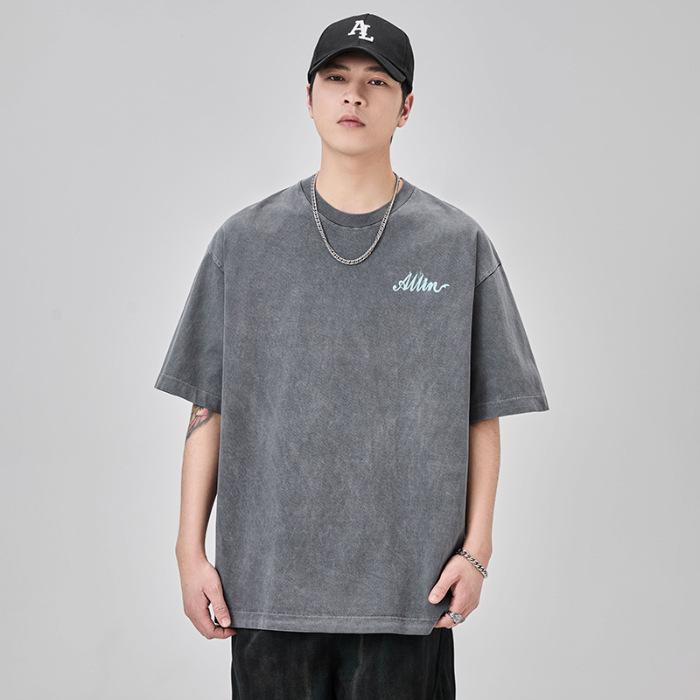 Updated Summer Fried Salt Washing Water T-shirt Mens Letter Printing Short-sleeved Round Neck Comfortable Fit Cotton Half-sleeved M