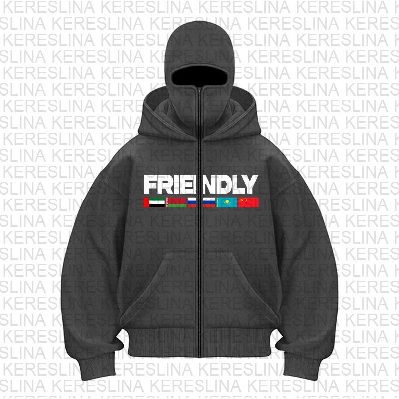 Europeisk och amerikansk ny utomhusflagga bokstavstryck hiphopstil unik design dubbel huva vindtät och varm huvtröja