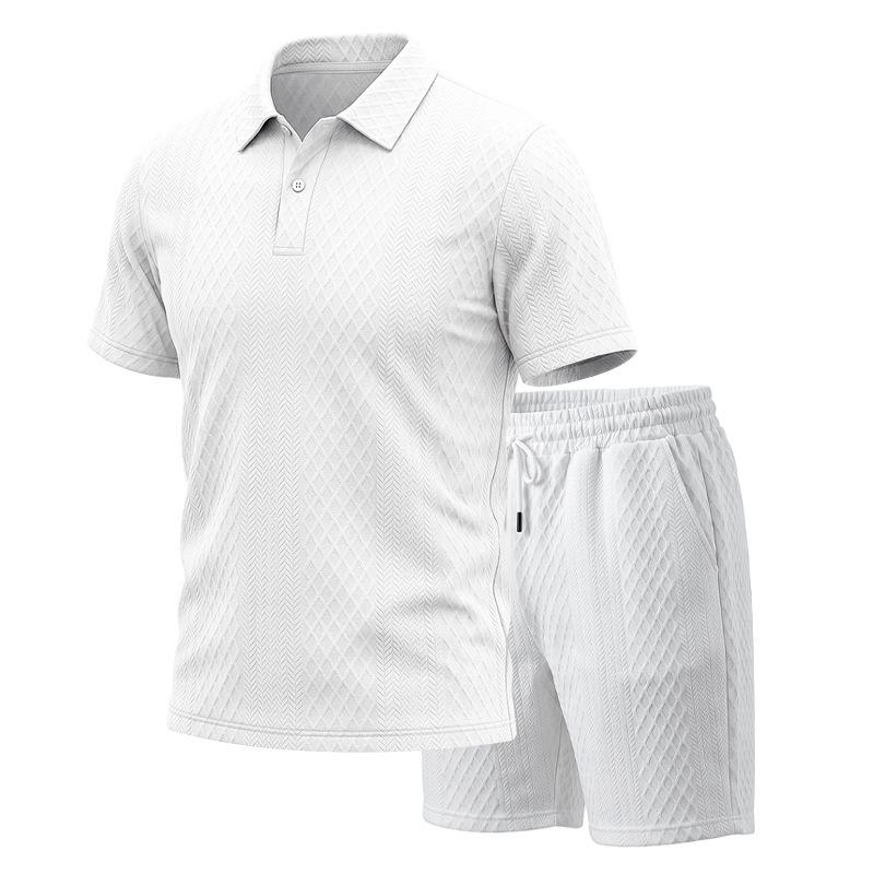 Men's Summer Jacquard Polo Shirt and Shorts Set Casual Loose Fit Lapel Collar 2-Piece Outfit