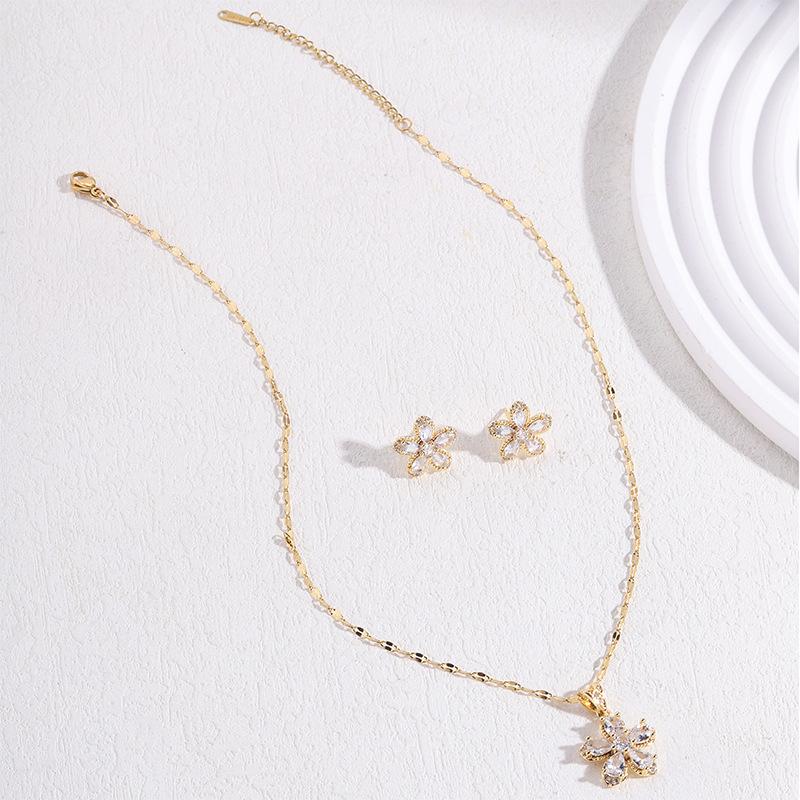 Titanium Steel Five-Petaled Flower Necklace Women'S High-End Simple Zircon Pendant Earrings Set