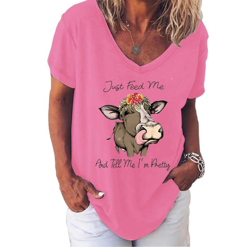 Fashion Spring  Cattle Print Blouses Short Sleeved V-Neck T Shirts Casual