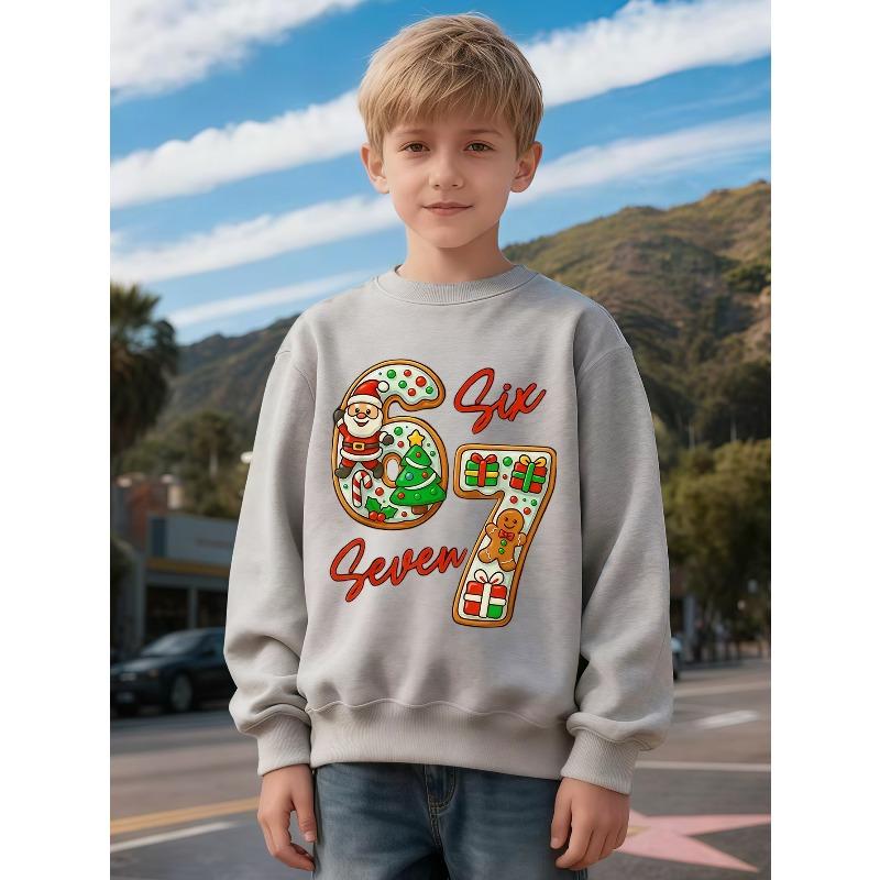 Kids Unisex Sweatshirt, Christmas Cookie Santa Gingerbread Number 67 Print Pullover, Boys Girls Holiday Birthday Sweatshirt For Kids Over 4 Years Old