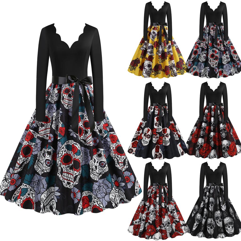 Women New Halloween   Print Dress Round Neck Zipper Party Dress