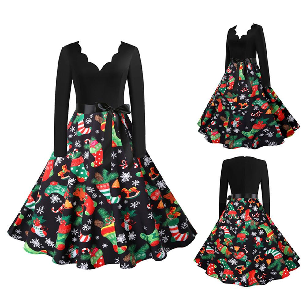 Vestido De Mujer Swing Manga Larga Estampado Navideño Patchw Vestido De Mujer Swing Manga Larga Estampado Navideño Patchw