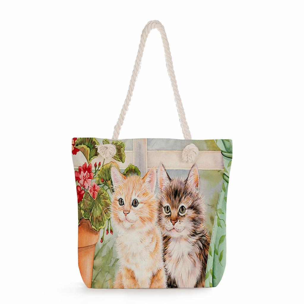 Flower Cat Print Thick Rope Single-shoulder Beach Bag 7269 CLE