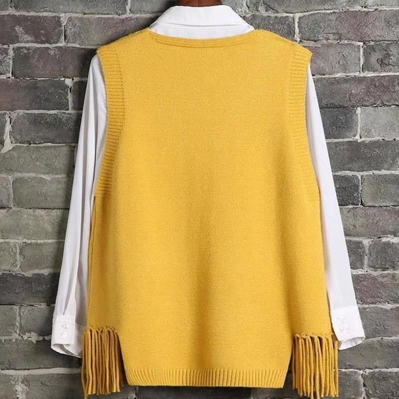 Spring and Autumn Korean Version of The V-neck Solid Color Knit Sweater Vest Women Loose Pullover Hem Fringed Waistcoat