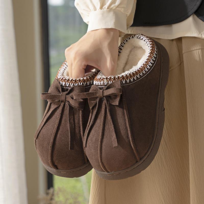 New ethnic style bow slippers autumn and winter indoor home velvet warm anti-skid cotton slippers