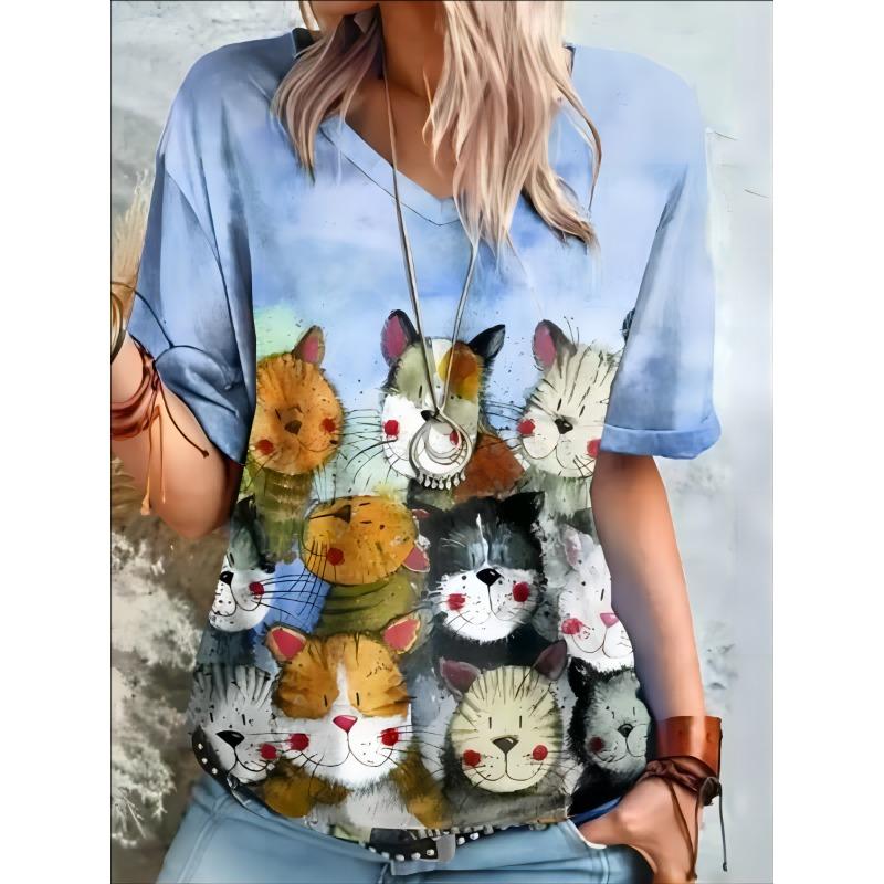 Nadměrné tričko Plus Size pro ženy: 3D rozkošná kočka, výstřih do V, letní módní streetwear, prodyšné, ležérní