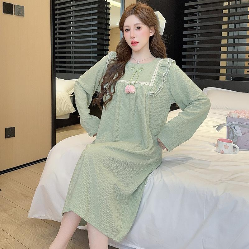 Spring & Autumn Korean Jacquard Maternity Slimming Lace Pajamas - Women's Long Sleeve Mid-Length Plus Size Sleep Dress