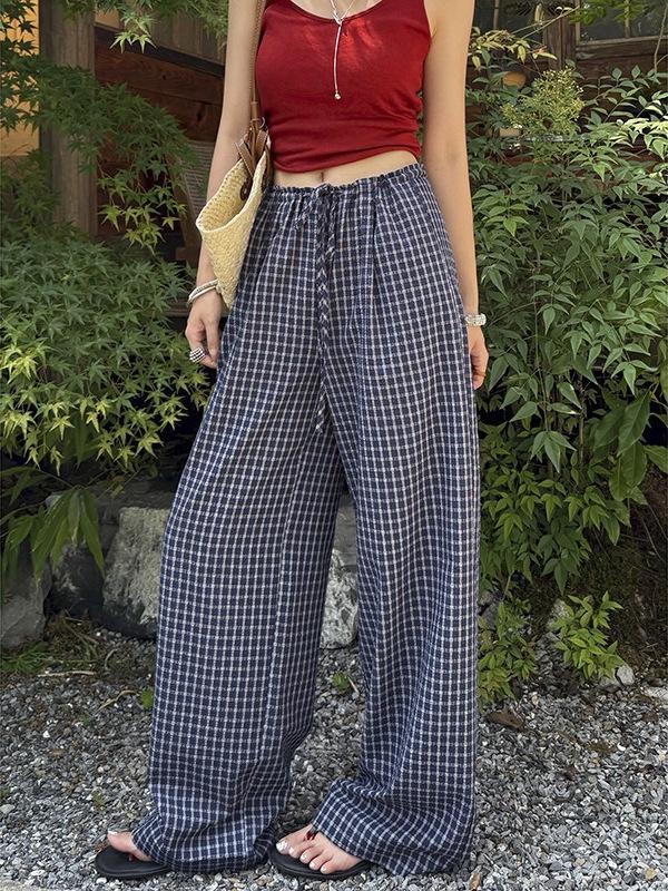Women's Summer Blue Plaid Wide-Leg Cotton Drawstring Pants - Retro Texture, Thin, Loose, Casual