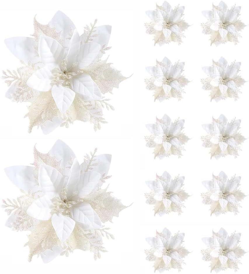 5/10Pcs 14.5cm Christmas Decoration Artifical Flower Ornaments Pink Red Gold Glitter Fake Flowers For Xmas Tree Home Decor