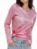 Women Shiny Holographic Long Sleeve T Shirt Crew Neck Glitter Metallic Blouse Casual Loose Party Basic Top