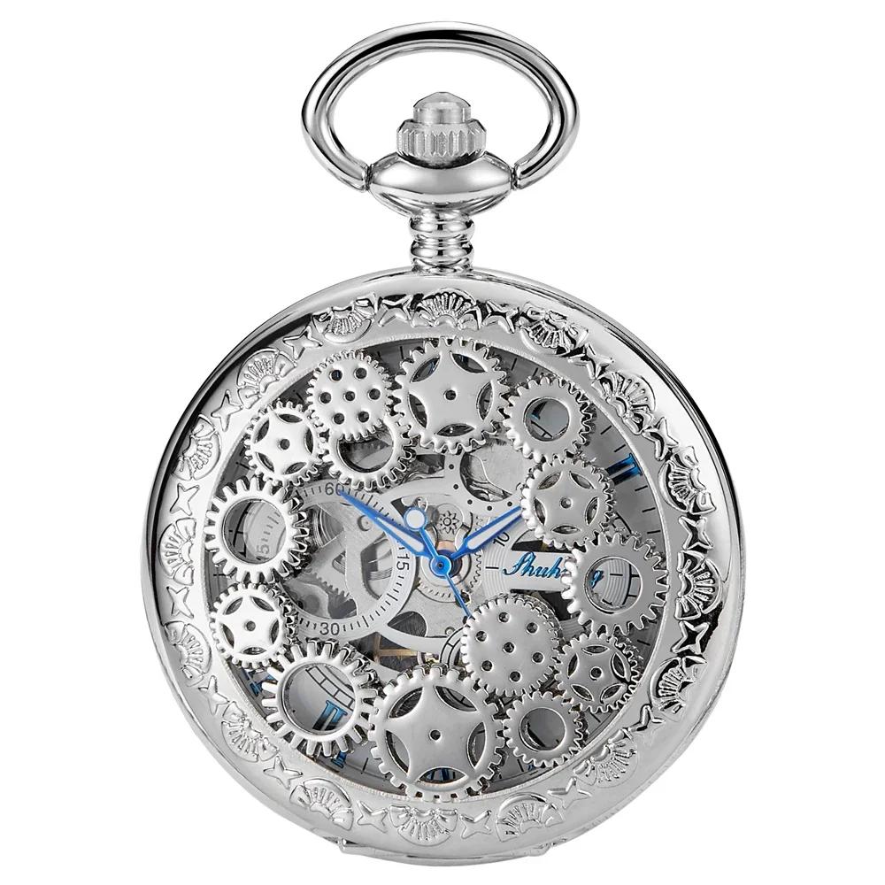 PJX1725 NEW Vintage Steampunk Gears Hollow Mechanical Pocket Watch Fob Chain Hand Wind Skeleton Necklace Clock Men Womens Gifts