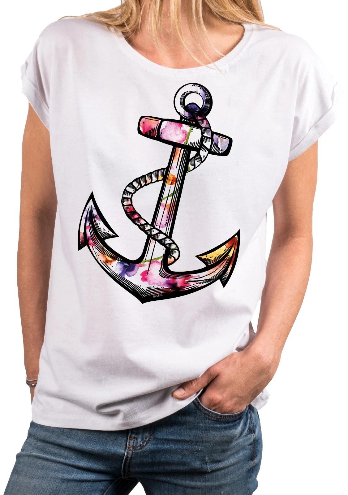 Женская рубашка с принтом якоря Цветочный топ Женский топ Повседневный Крутой- S