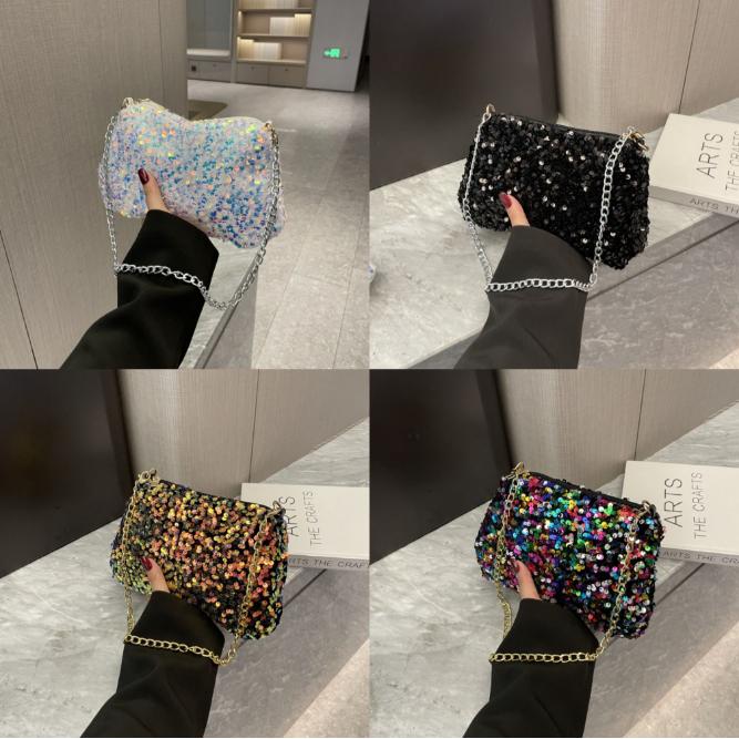 Solid Color Sequins Crossbody Bag Simple INS Chain Sequins Shoulder Bag Pocket Bag Phone Bag Small Square Bag Dinner Party