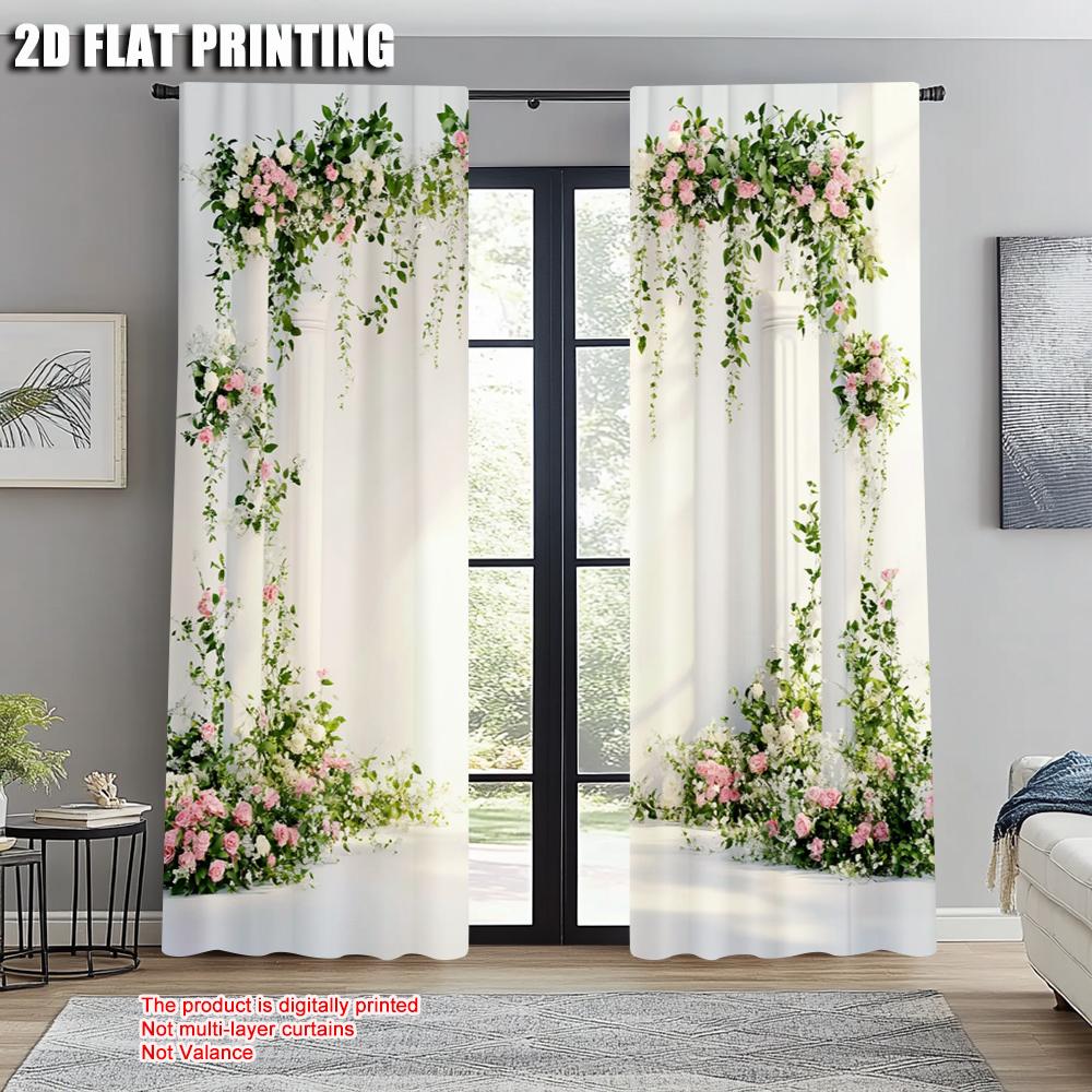2pcs, Window Curtain 2D Print Flower & Rose Durable Polyester (without Rod) Thermal Insulation, and Room Darkening Functions Use