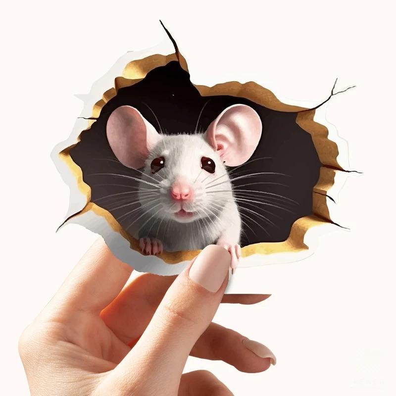 3D Personalised Mouse Sticker (1PC, Reading Theme) - White Mouse & Flower Mouse, Adorable Animals Home Decor Animal Wall Decals