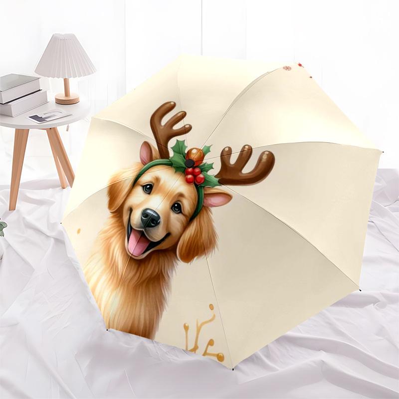 1pc Christmas Golden Retriever with Antlers Umbrella with Plastic Handle,Suitable for All Seasons Home Travel Outdoor UmbrellaDD228