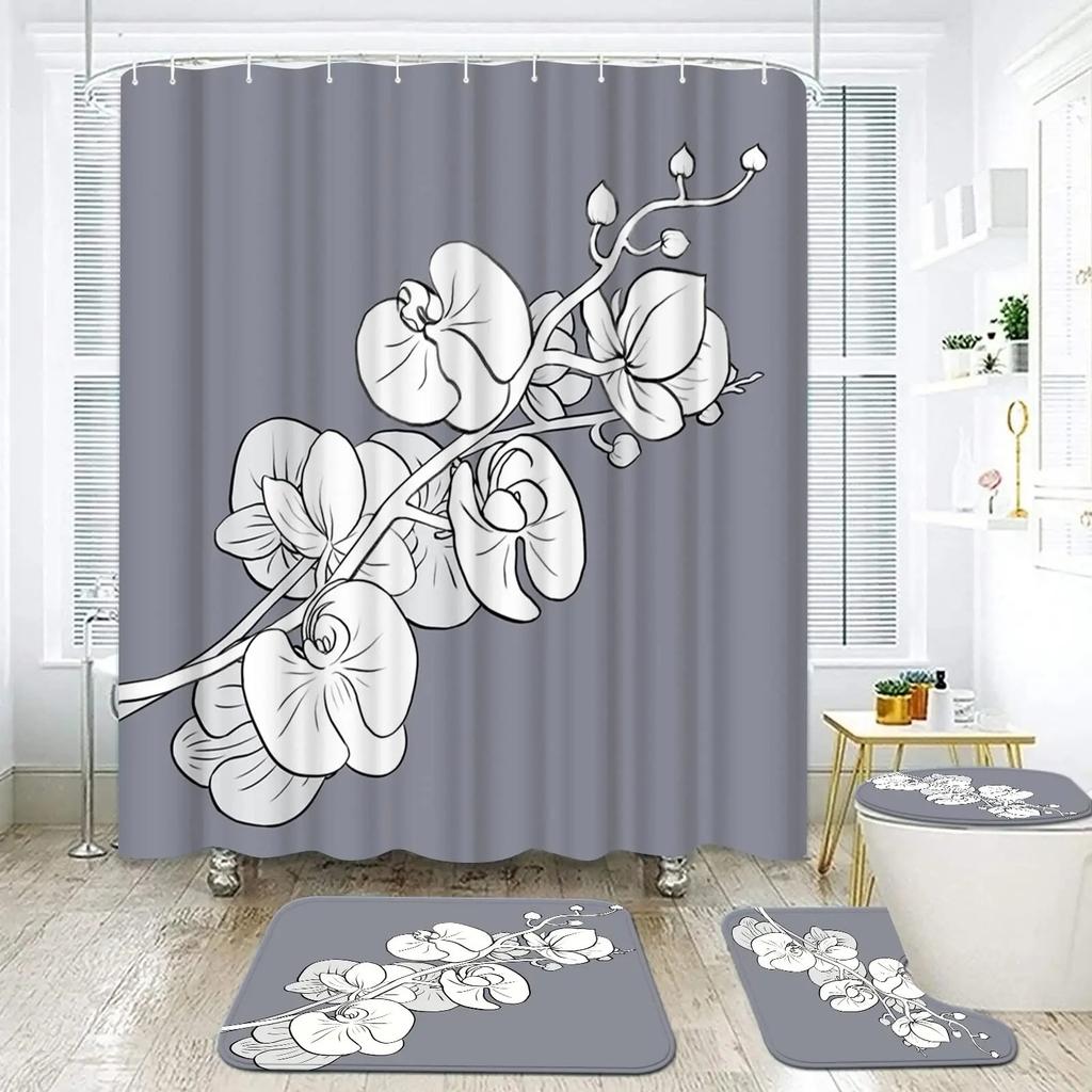 Elegant Blue Floral Shower Curtain Set Bathtub Curtains Non-Slip Carpet Bath Mat Toilet Cover Bathroom Set Decoration Without