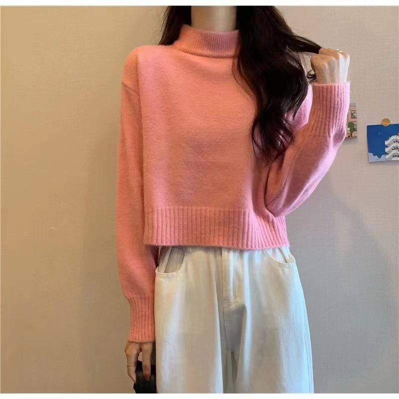 Korean-style Solid-color Sweater for Women In Autumn and Winter Half Turtleneck Pullover with Long-sleeved Knitted Sweater