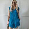 New European and American women's independent station new retro style hooded zipper sleeveless imitation cotton and linen jumpsuit