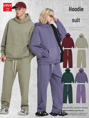 2025 Autumn/Winter Fleece-Lined Hooded Sweatshirt & Pants Set – Men's Trendy European/American Basic, Solid Color, 510g.