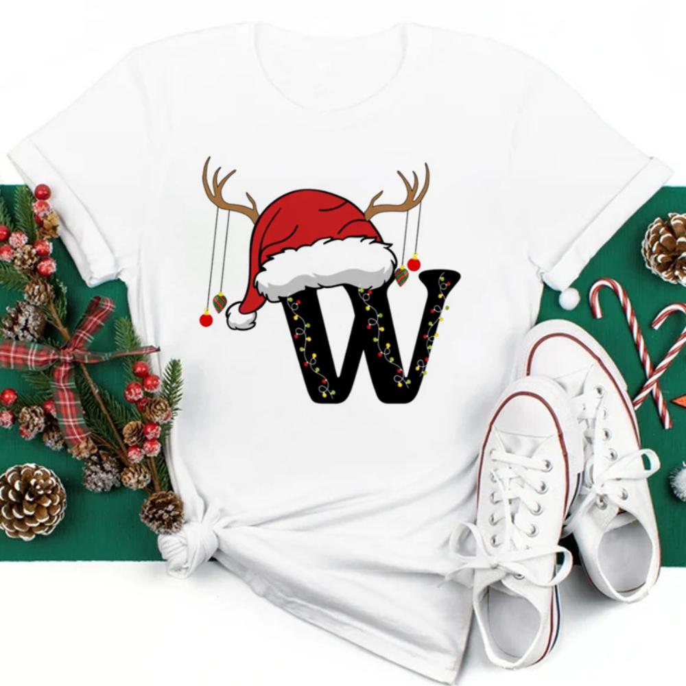 Christmas Hat A To Z Letters Tshirt Christmas Family Activity Sleeved Streetwear Harajuku Short Sleeve Casual Aesthetic Clothes