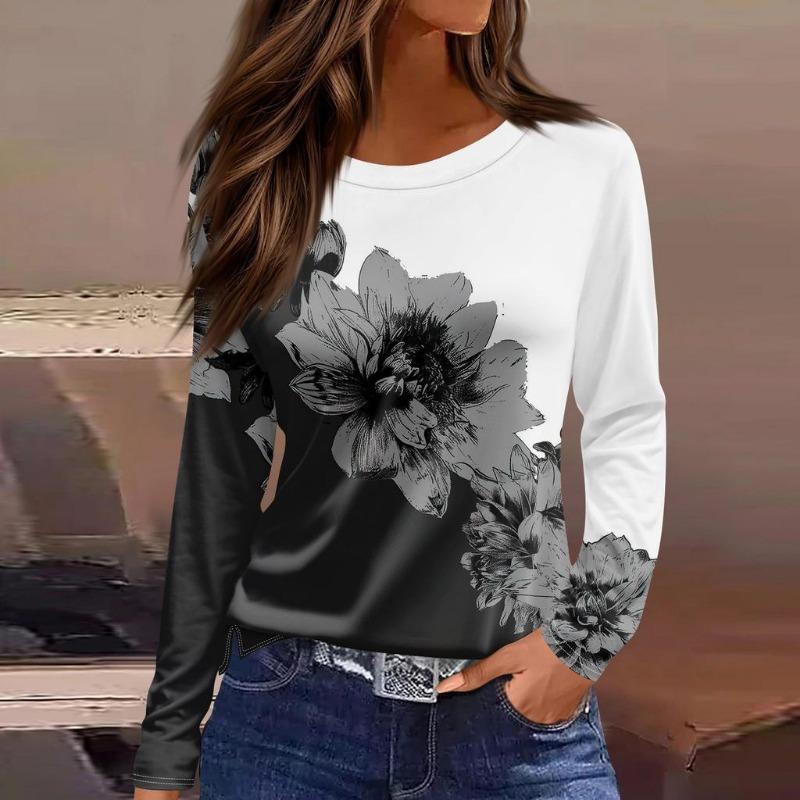 Autumn Women's T-shirt 3D Floral Butterfly Print Fashion Long Sleeve Round Neck Regular Tops Holiday Weekend Spring and Autumn Clothing
