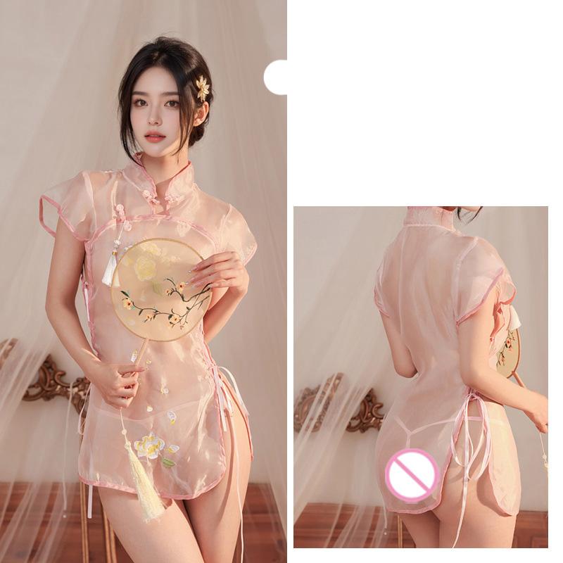 Babydolls Perspective On Classical Standing Neck Qipao Retro Embroidered Split Pajamas Sexy Dresses Daring Hot Woman Lingerie