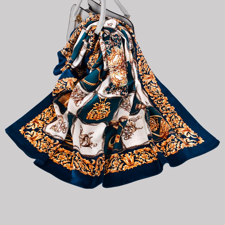 BYSIFA|New Fashion Ladies' Scarves Luxury Blue Gold 100% Silk Scarf Hijab 90*90cm All Match Fall Winter Female Square Scarf Cape