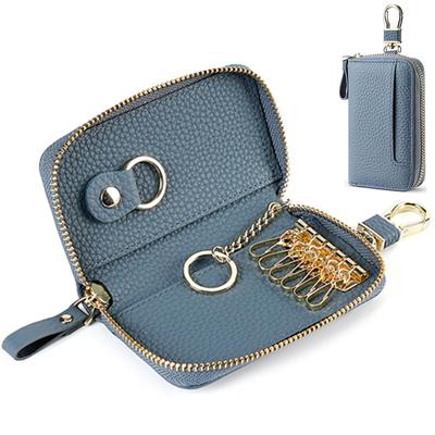 [NaGuQiang] Genuine Leather Key Case, Smart Key Compatible, for Women and Men, Car and House Key Storage, Card Slot, 6 Hooks, Round Zipper,